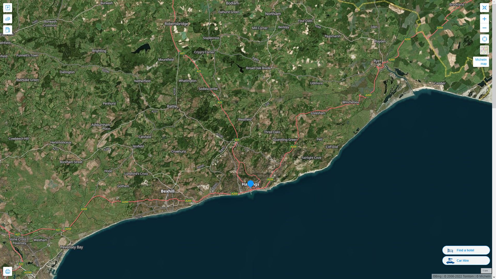 Hastings Royaume Uni Autoroute et carte routiere avec vue satellite